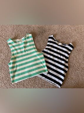 Pull&Bear Green and White Striped Ribbed Tank Top
